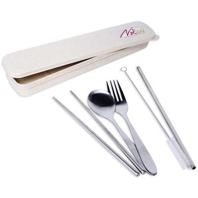 Stainless Steel Cutlery Set with Straw in Wheat Case